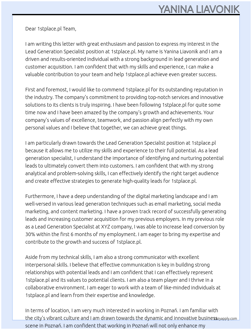 Lead Generation Specialist At 1stplace.pl Cover Letter