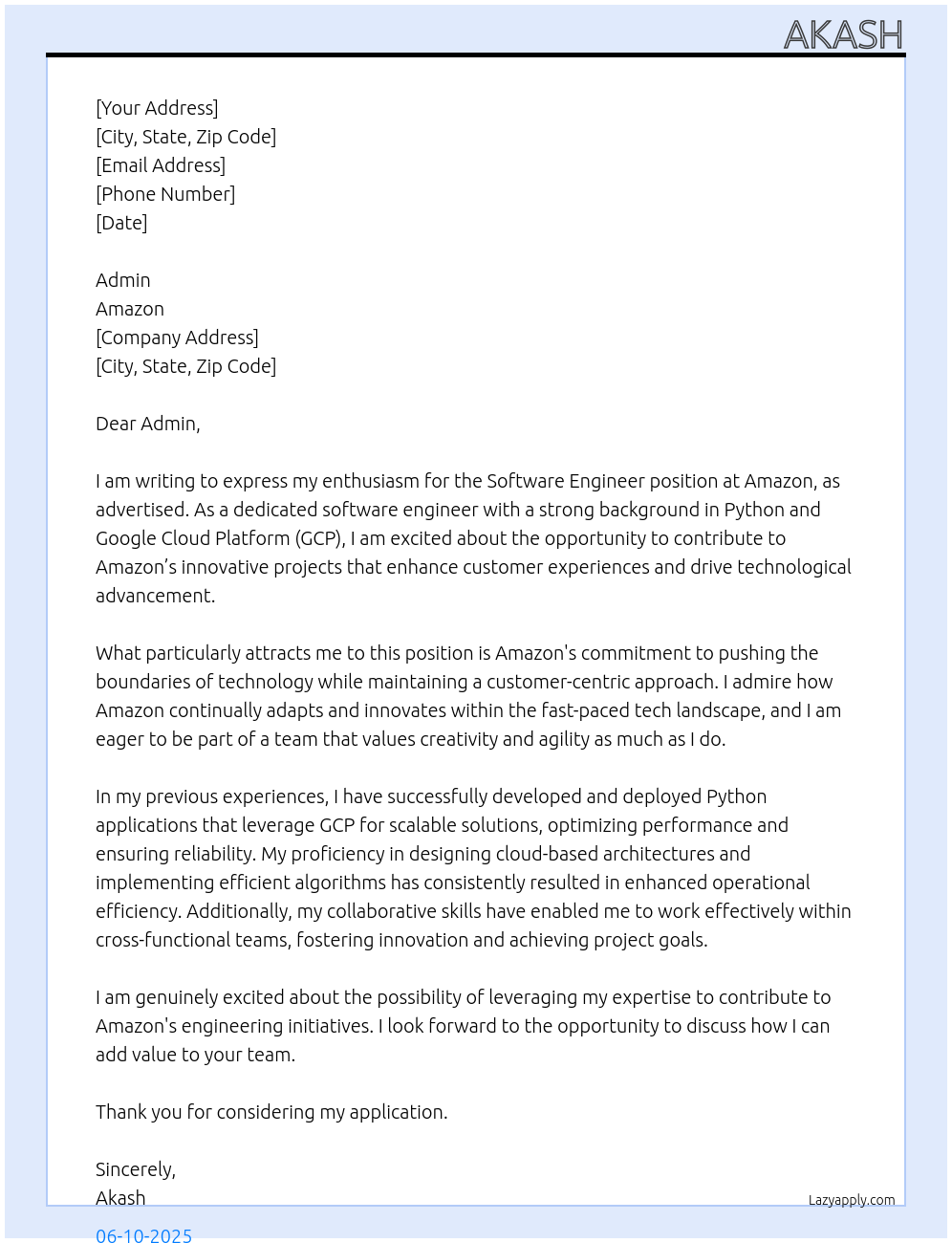 software engineer At Amazon Cover Letter