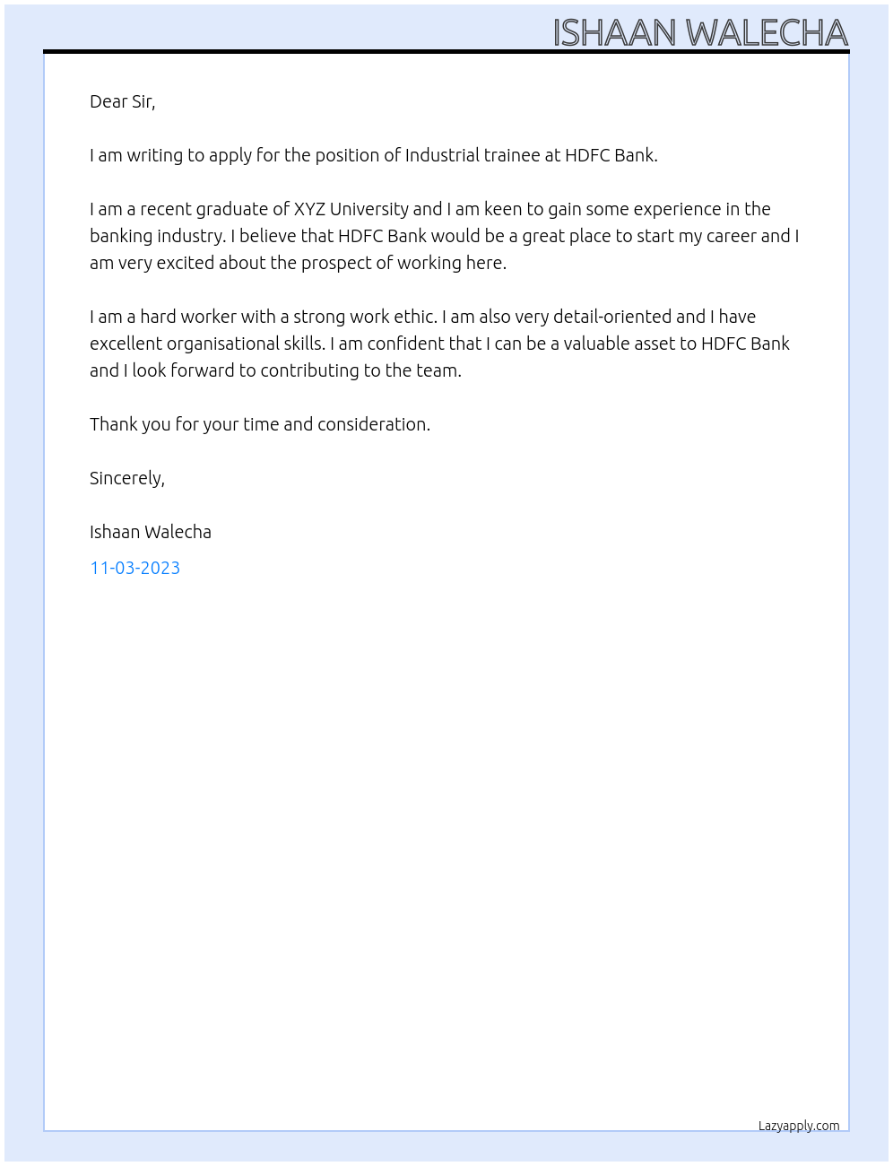 Industrial trainee At HDFC Bank Cover Letter