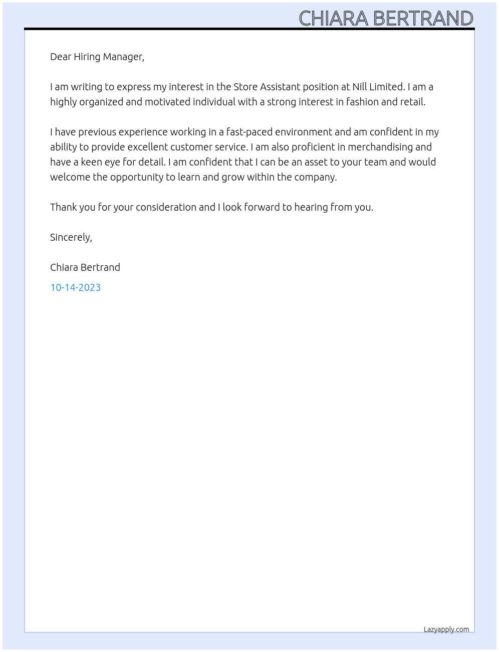 Store Assistant At Nill Limited Cover Letter