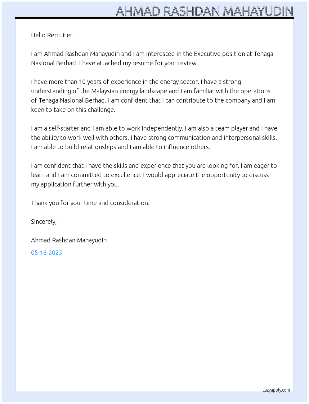 Executive At Tenaga Nasional Berhad Cover Letter