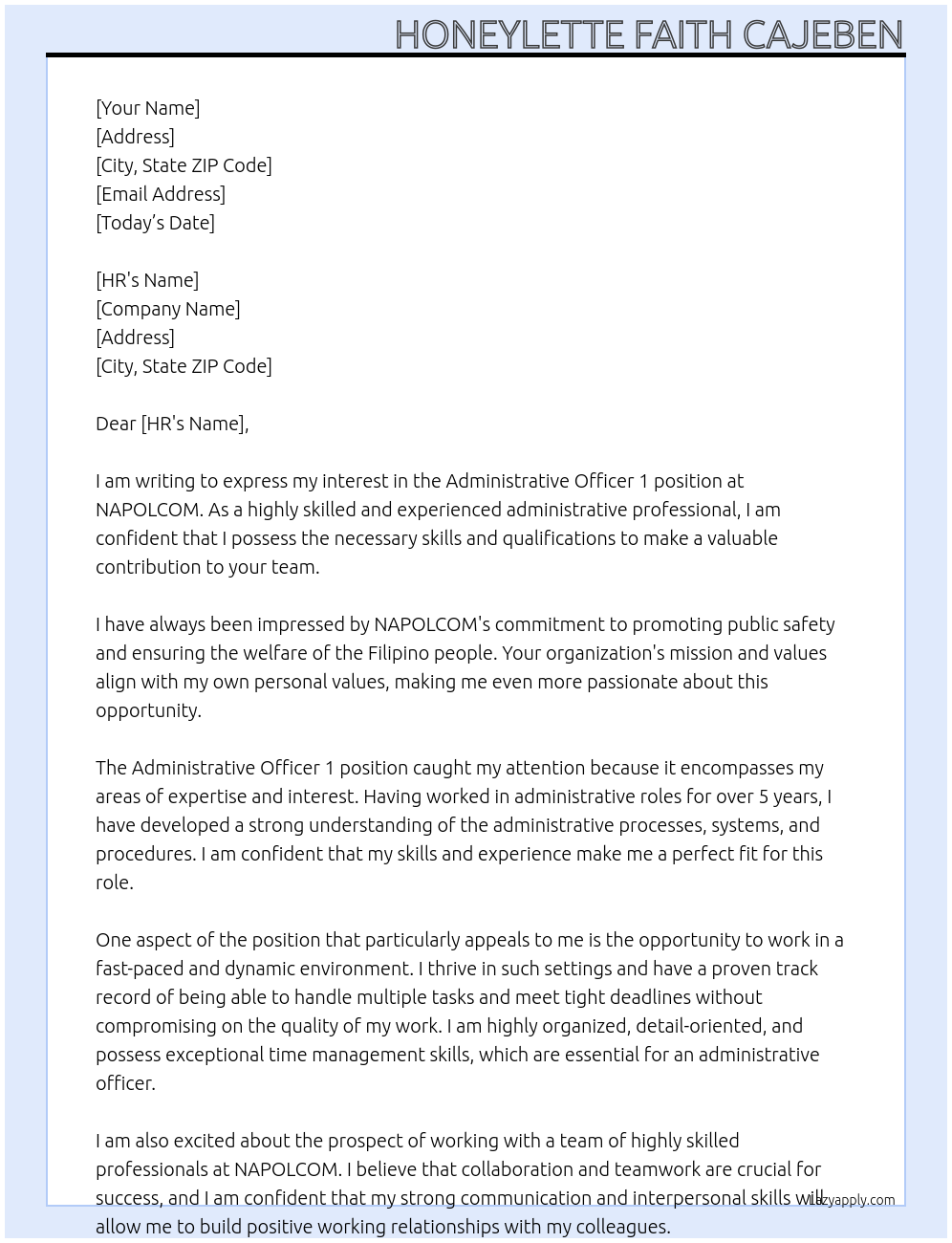 administrative officer 1 At NAPOLCOM Cover Letter