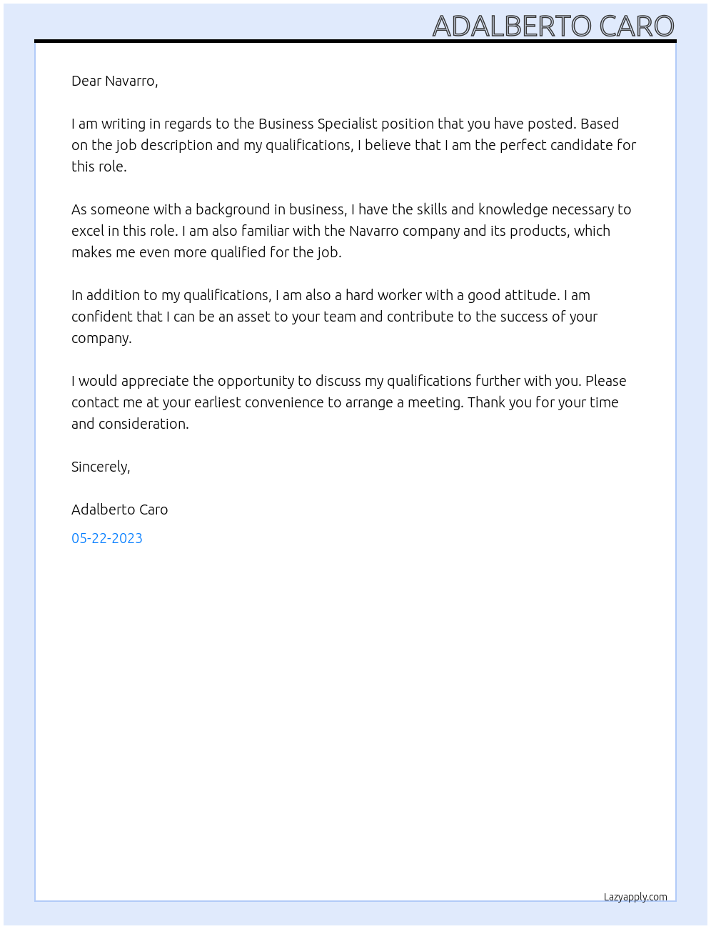 business specialist At Navarro Cover Letter