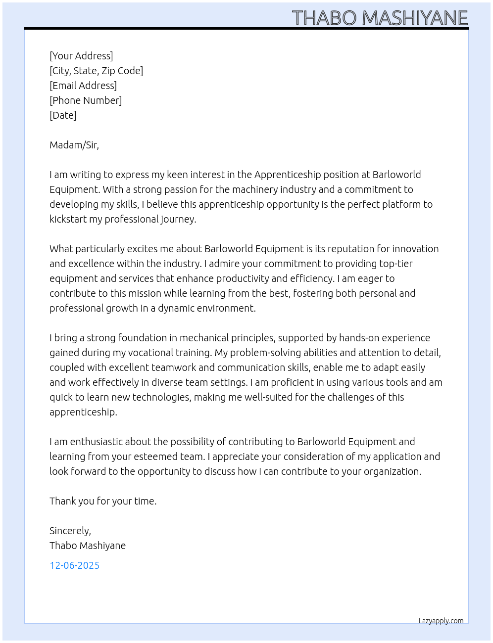 Cover letter for apprenticeship - LazyApply