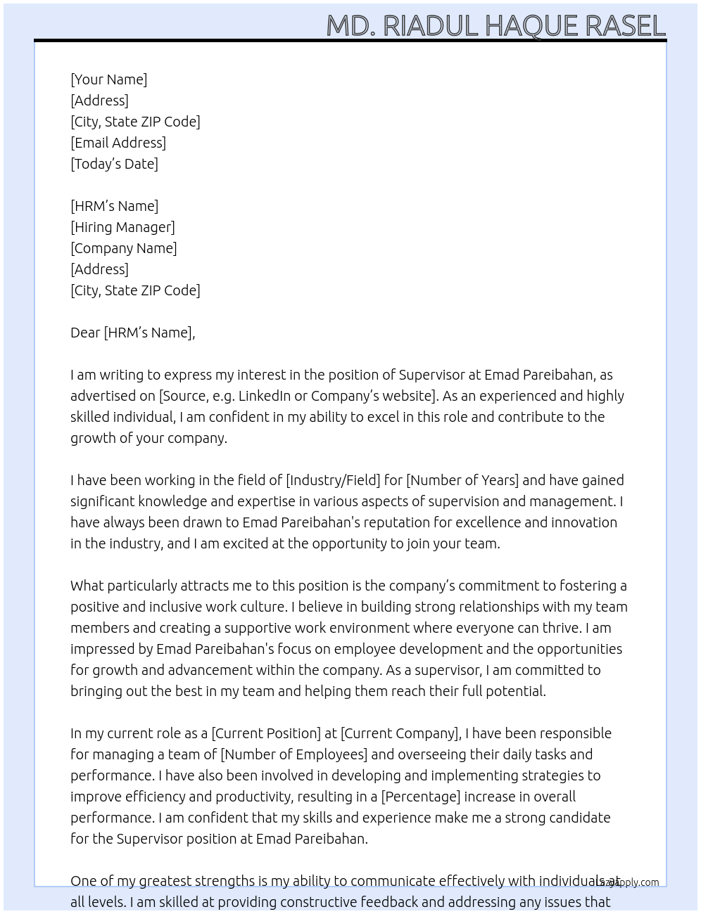 superviser At Emad Pareibahan Cover Letter