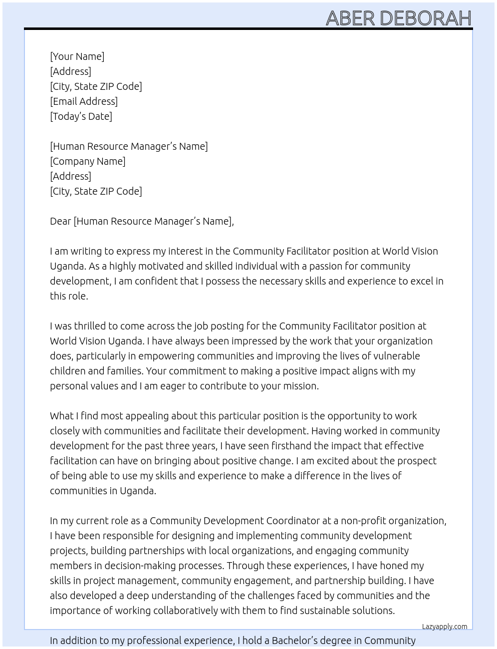 Community Facilitator  At World Vision Uganda Cover Letter