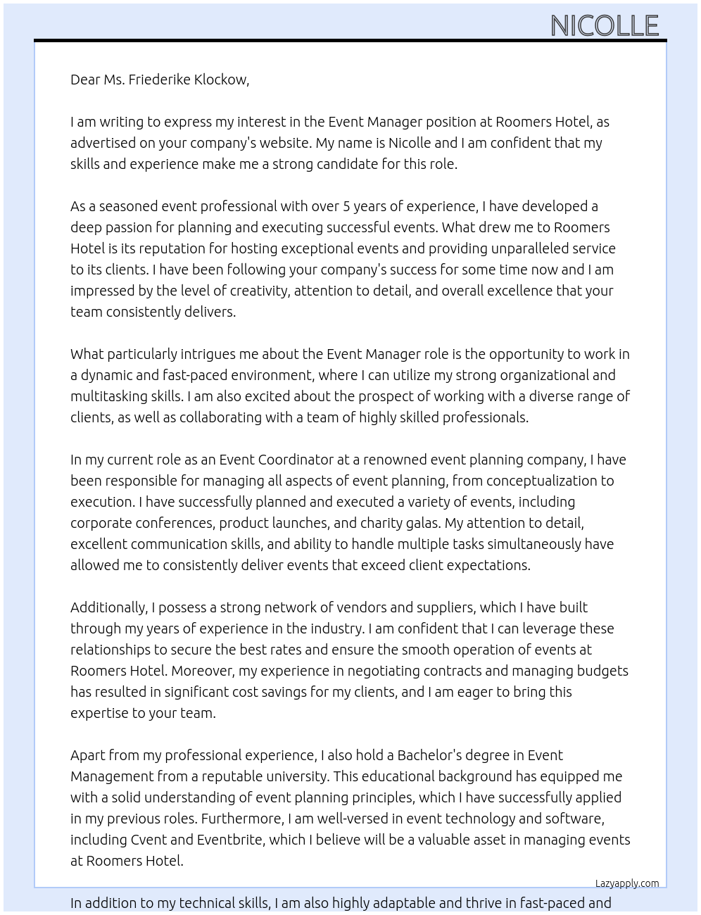 event manager At Roomers Hotel Cover Letter