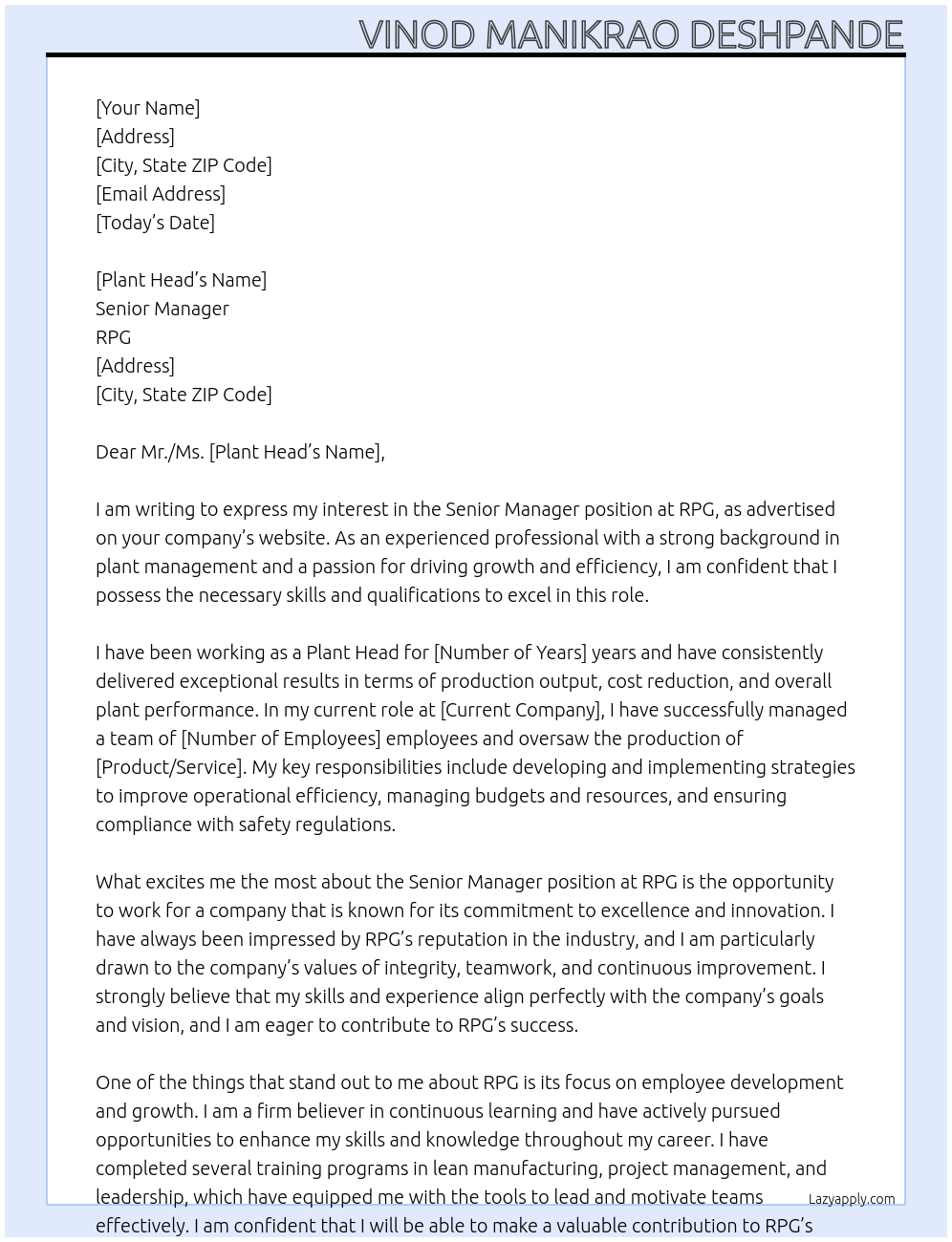 sr manager At RPG Cover Letter