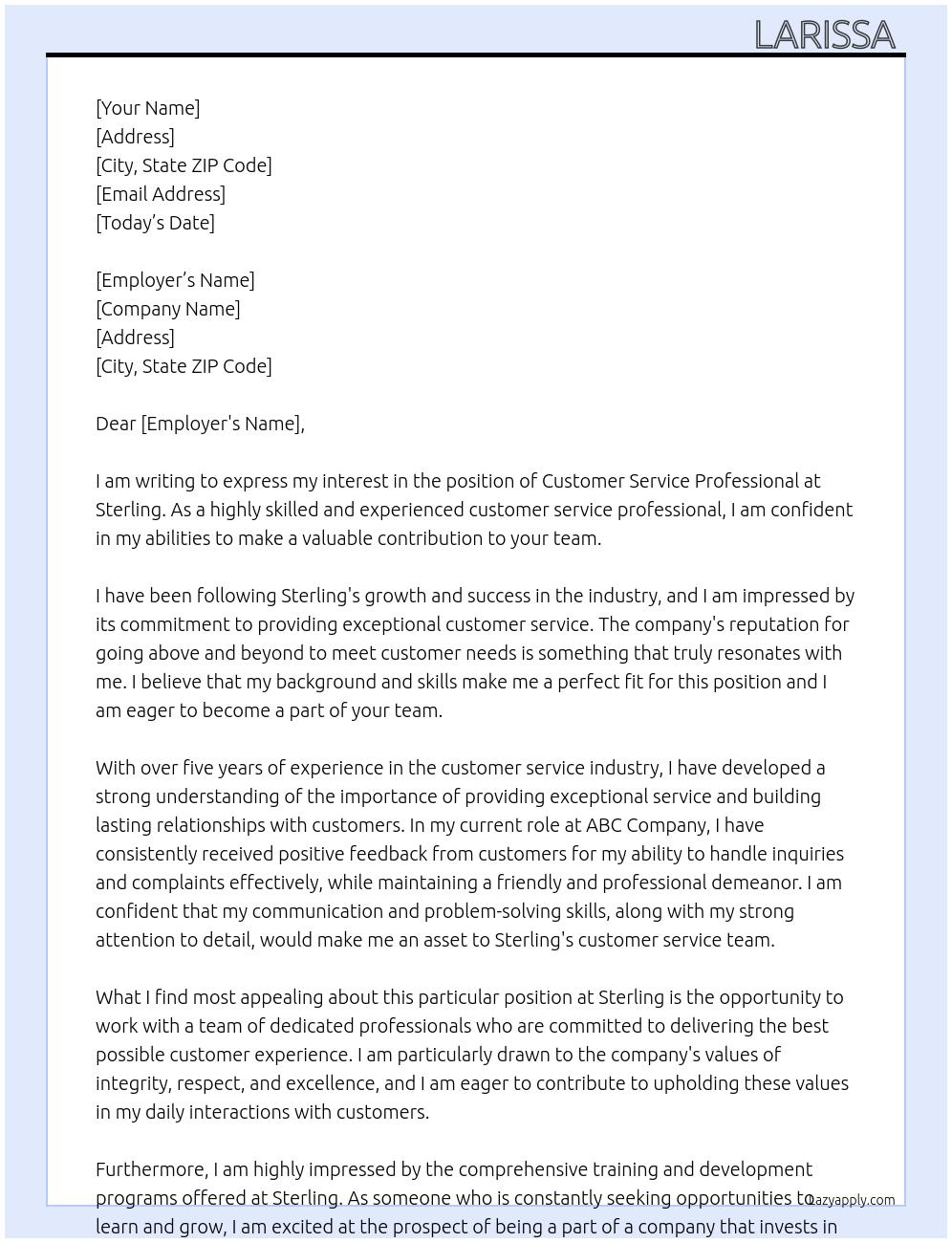 Customer Service Professional At Sterling Cover Letter