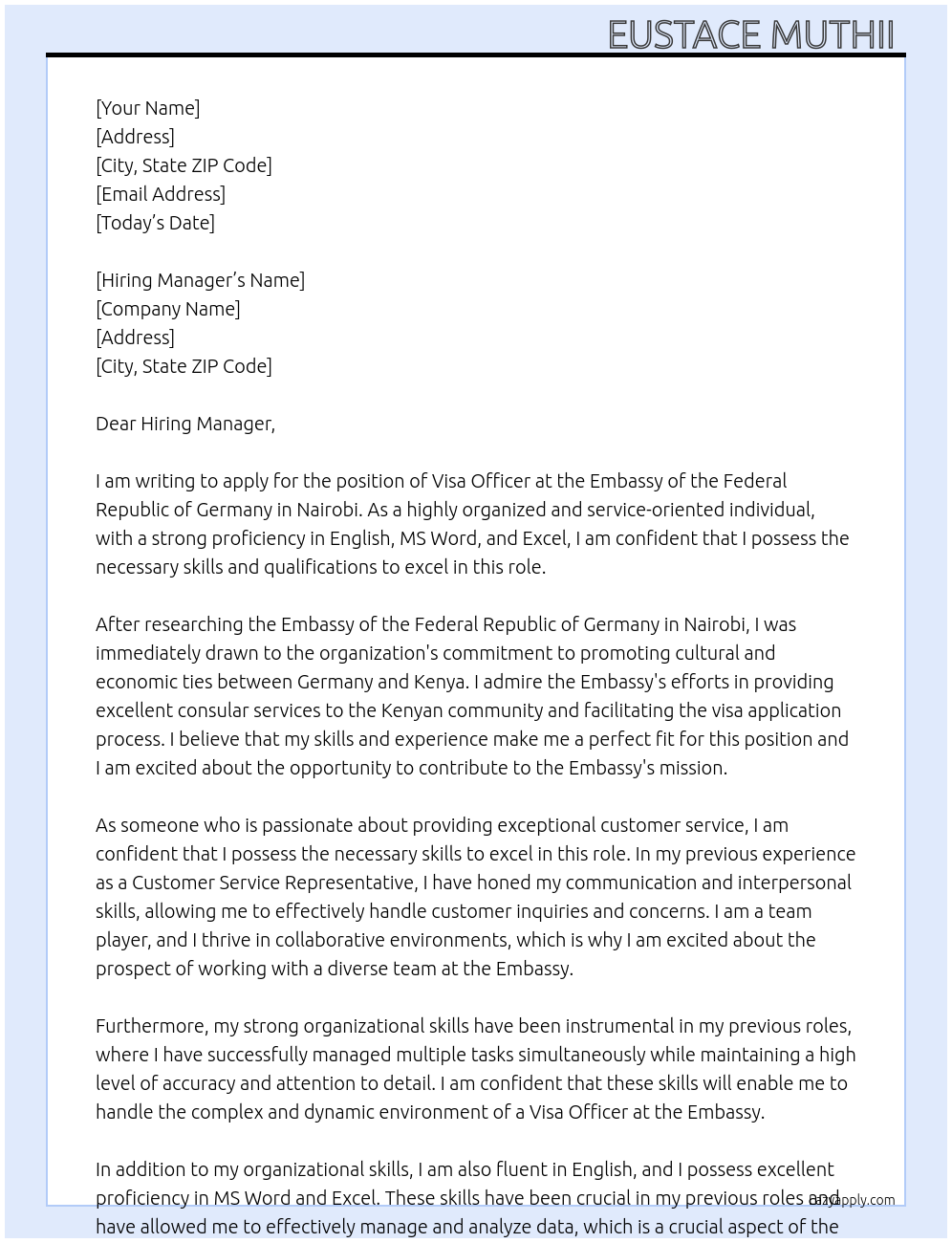 Visa officer At Embassy of the Federal Republic of Germany in Nairobi, Cover Letter