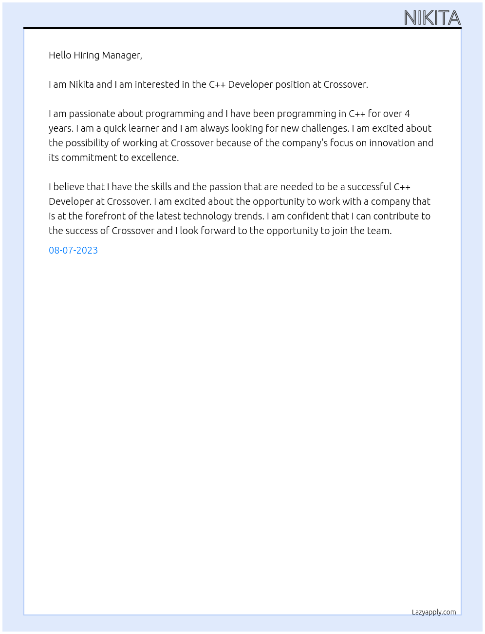 C++ Developer At Crossover Cover Letter