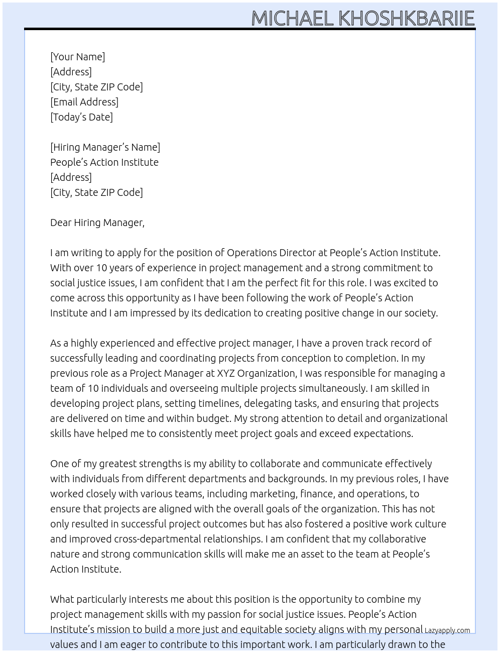 Operations Director At People's Action Institute Cover Letter