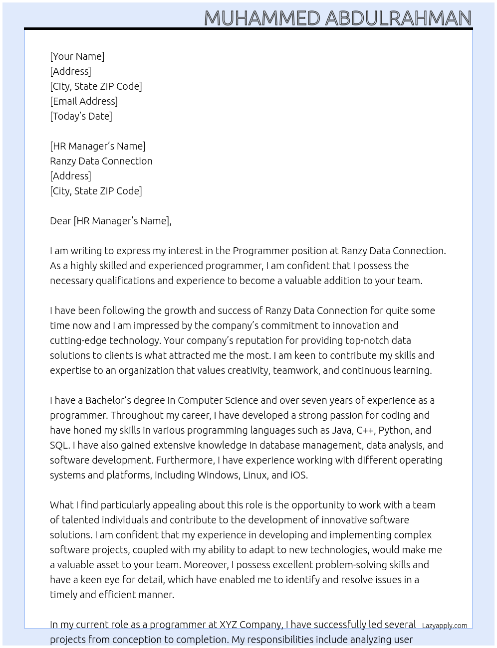 Programmer At Ranzy data connection Cover Letter