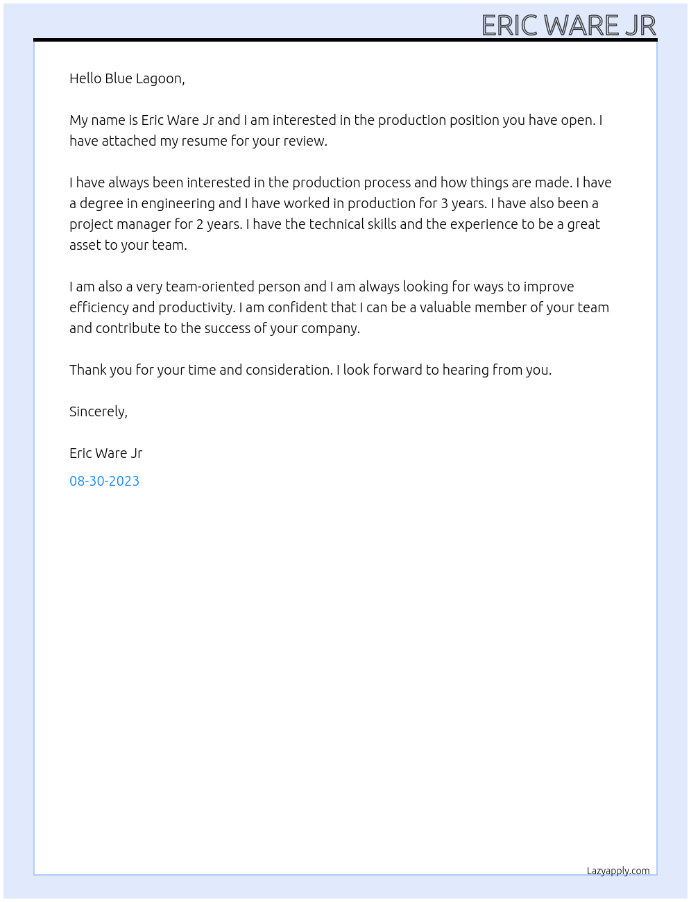 production At Blue lagoon  Cover Letter