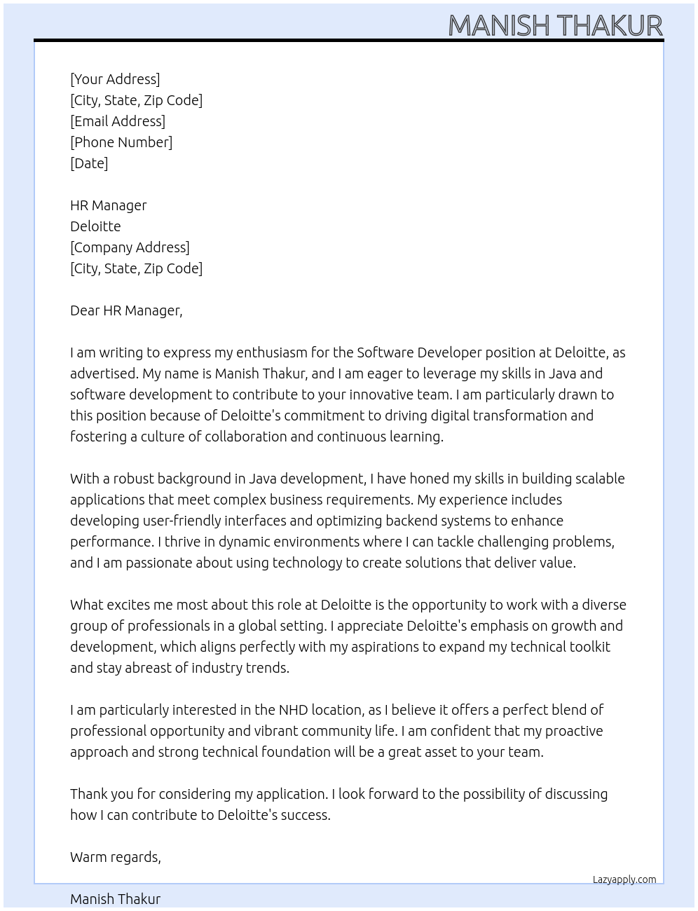 Software developer At Deloitte Cover Letter