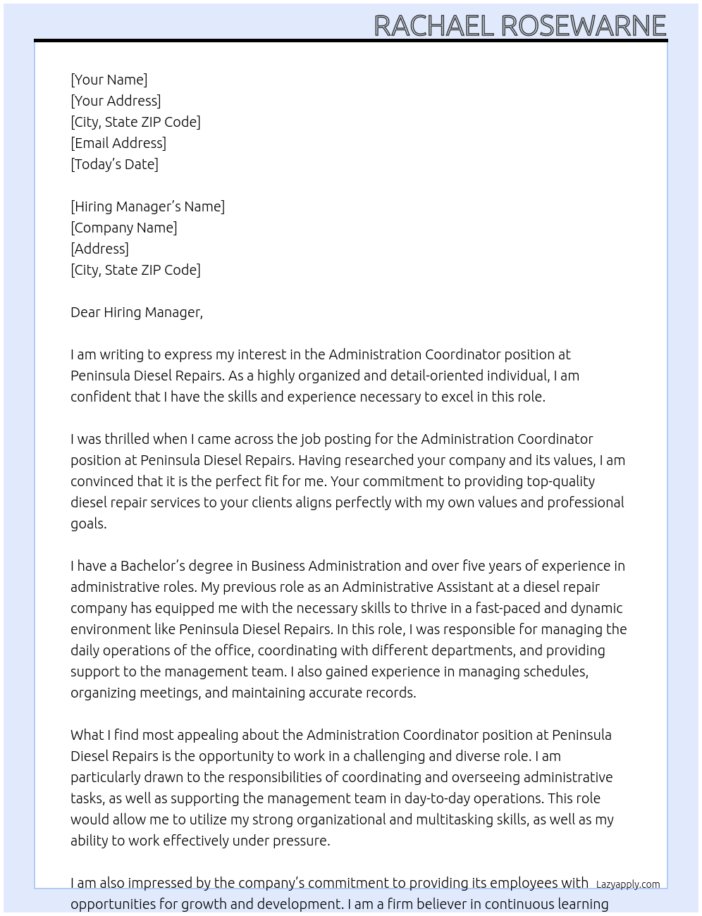 Administration Coordinator At Peninsula Diesel Repairs Cover Letter
