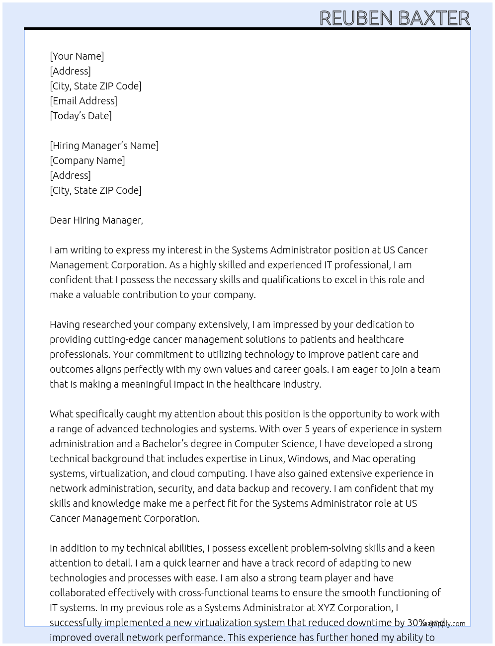 Systems Administrator At US Cancer Management Corporation Cover Letter