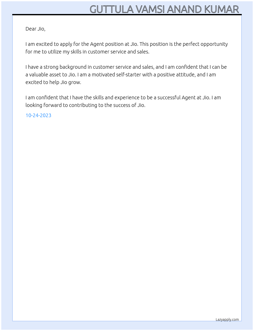 Agent At Jio Cover Letter