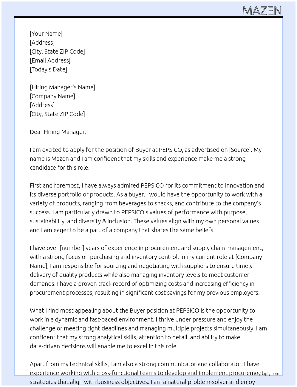 Buyer At PEPSICO Cover Letter