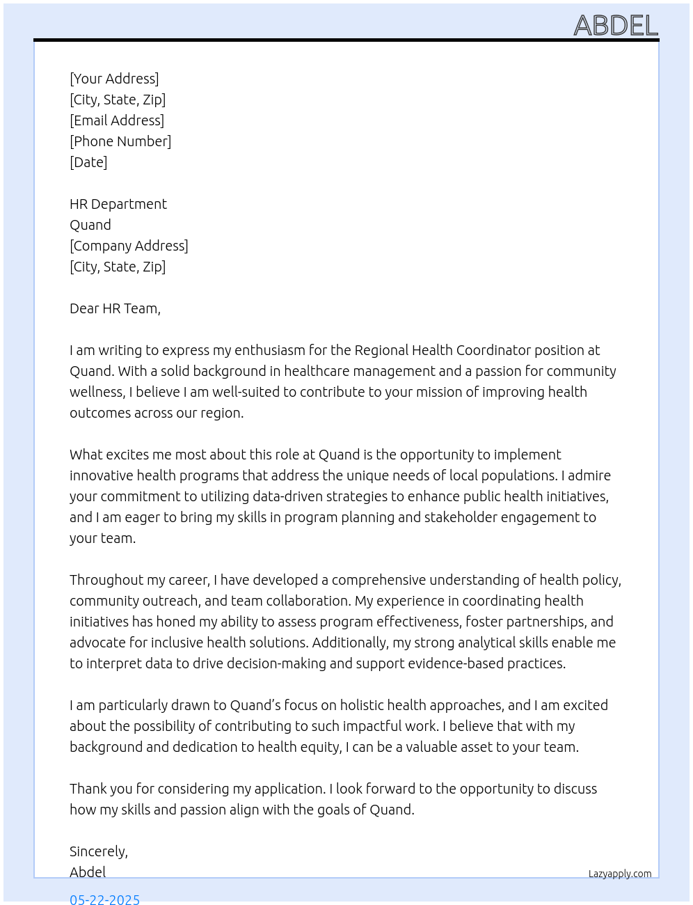 Cover letter for regional health coordinator - LazyApply