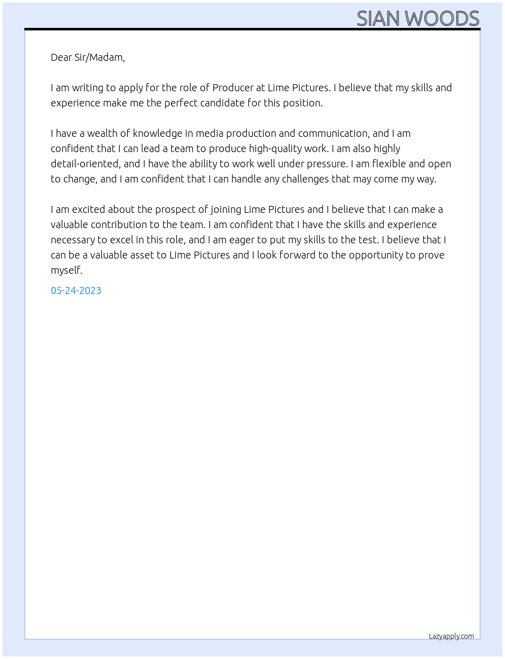 Producer At Lime Pictures  Cover Letter