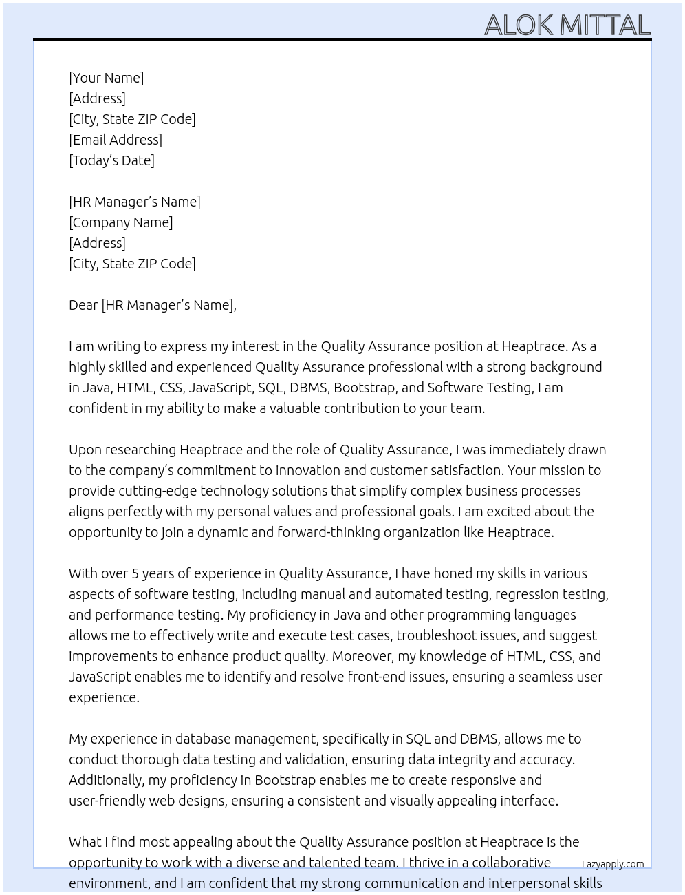 Quality Assurance  At Heaptrace Cover Letter