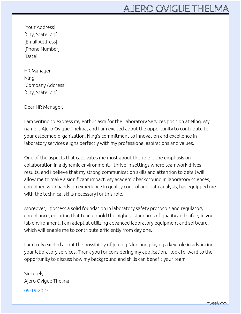 Laboratory services At Nlng Cover Letter