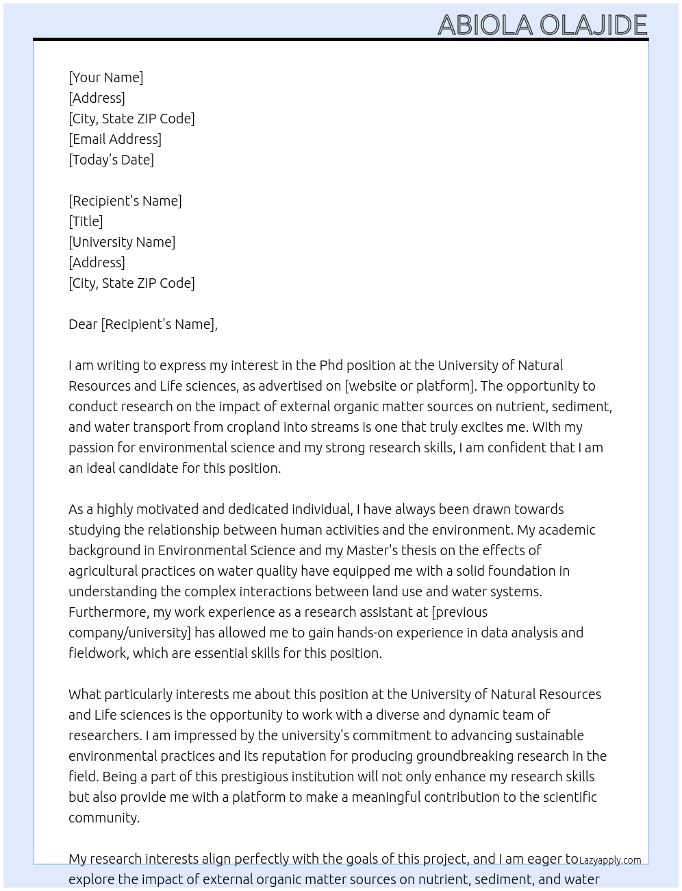 Phd At University of Natural Resources and Life sciences Cover Letter