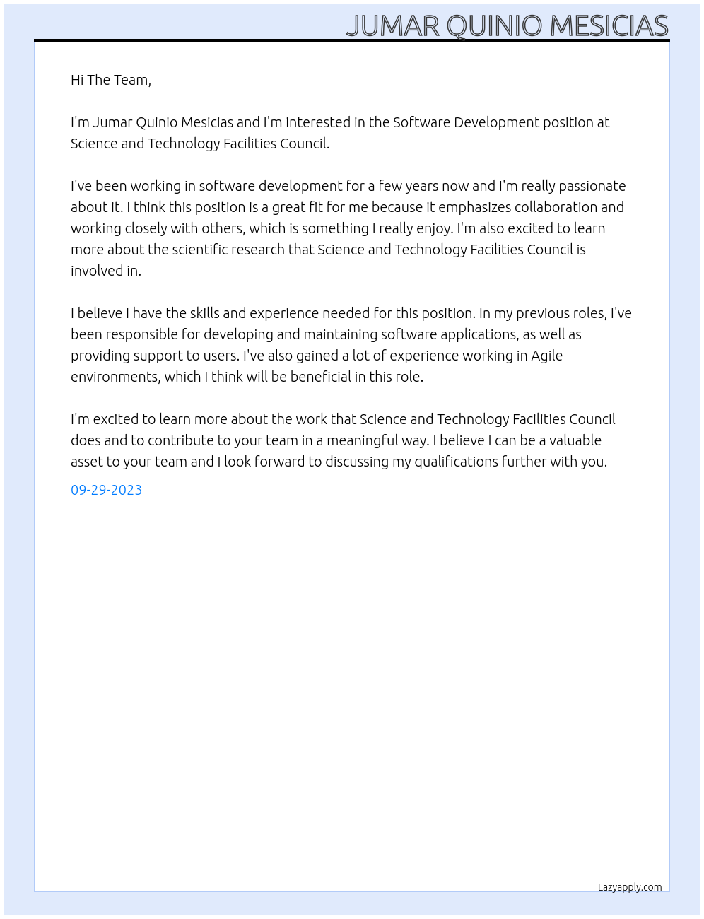 Software Development At Science and Technology Facilities Council Cover Letter