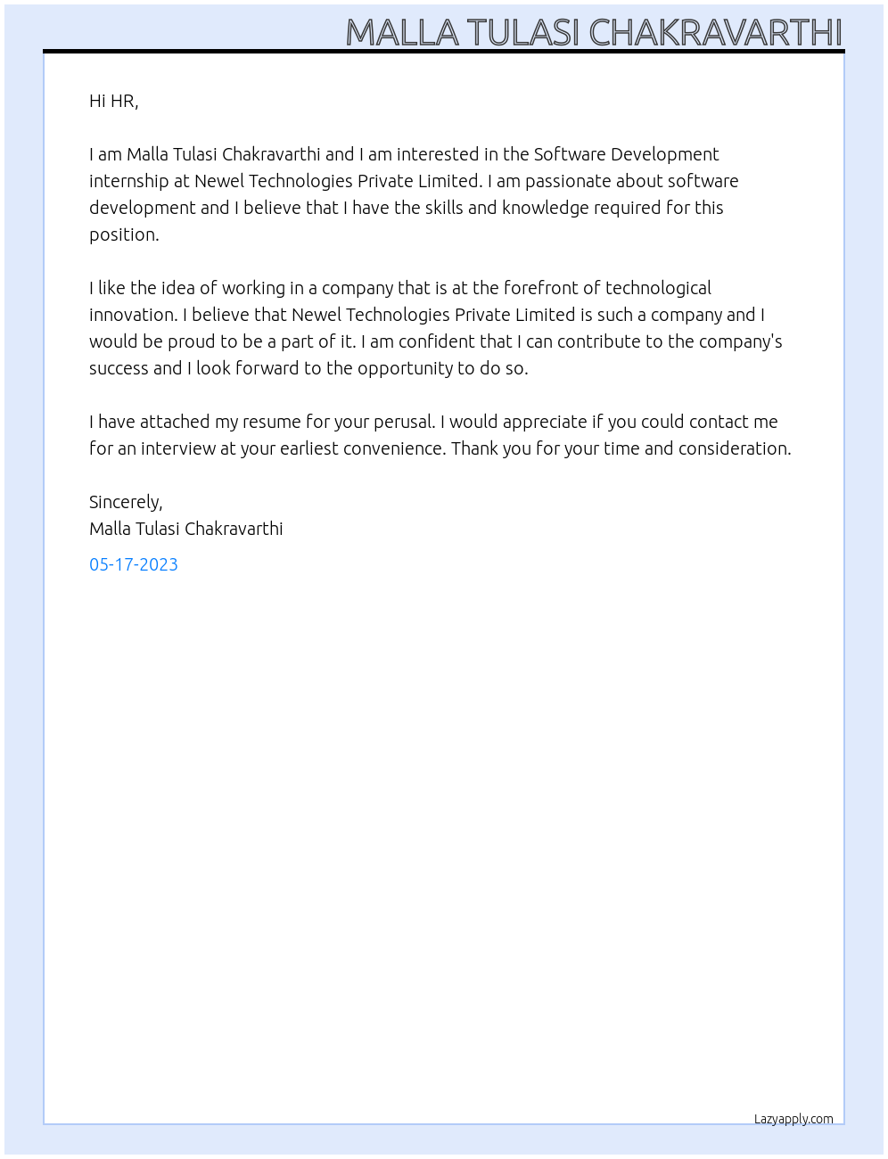 Software Development internship At Newel Technologies Private Limited Cover Letter