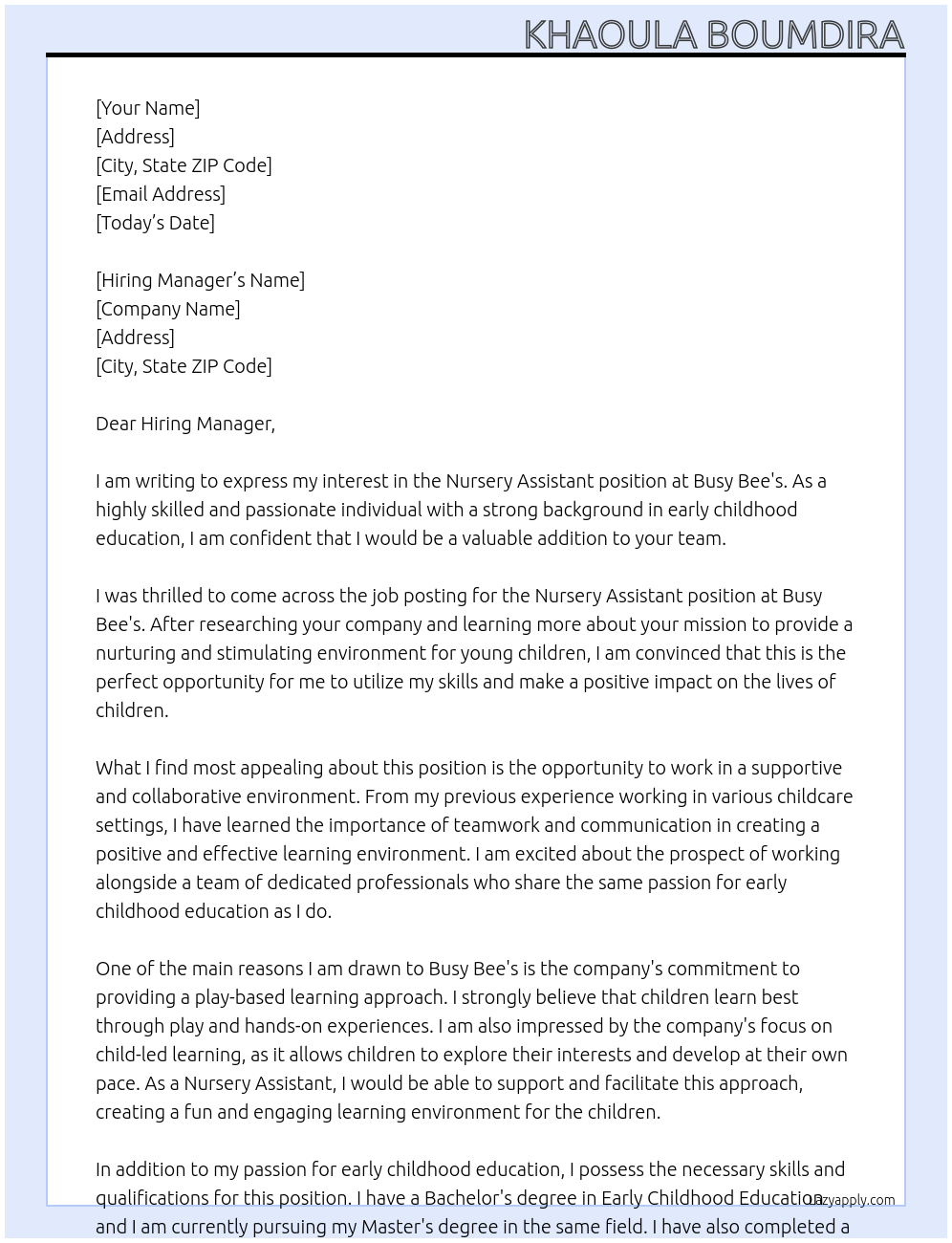 Nursery assistant At Busy Bee's Cover Letter
