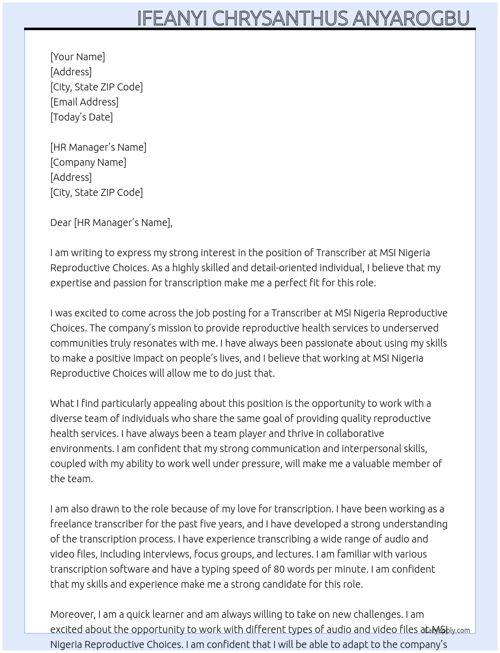 Transcriber At MSI Nigeria Reproductive Choices Cover Letter