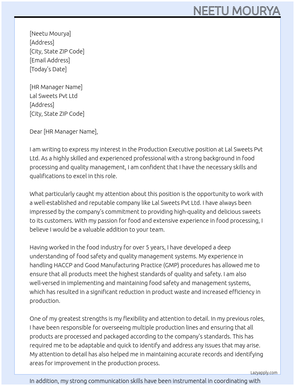 Production executive At Lal Sweets Pvt Ltd Cover Letter