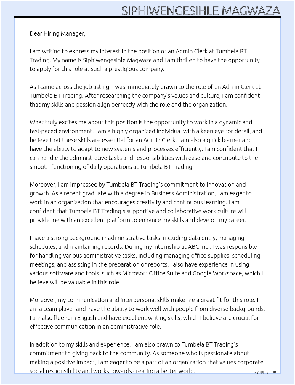 admin clerk At Tumbela BT Trading Cover Letter