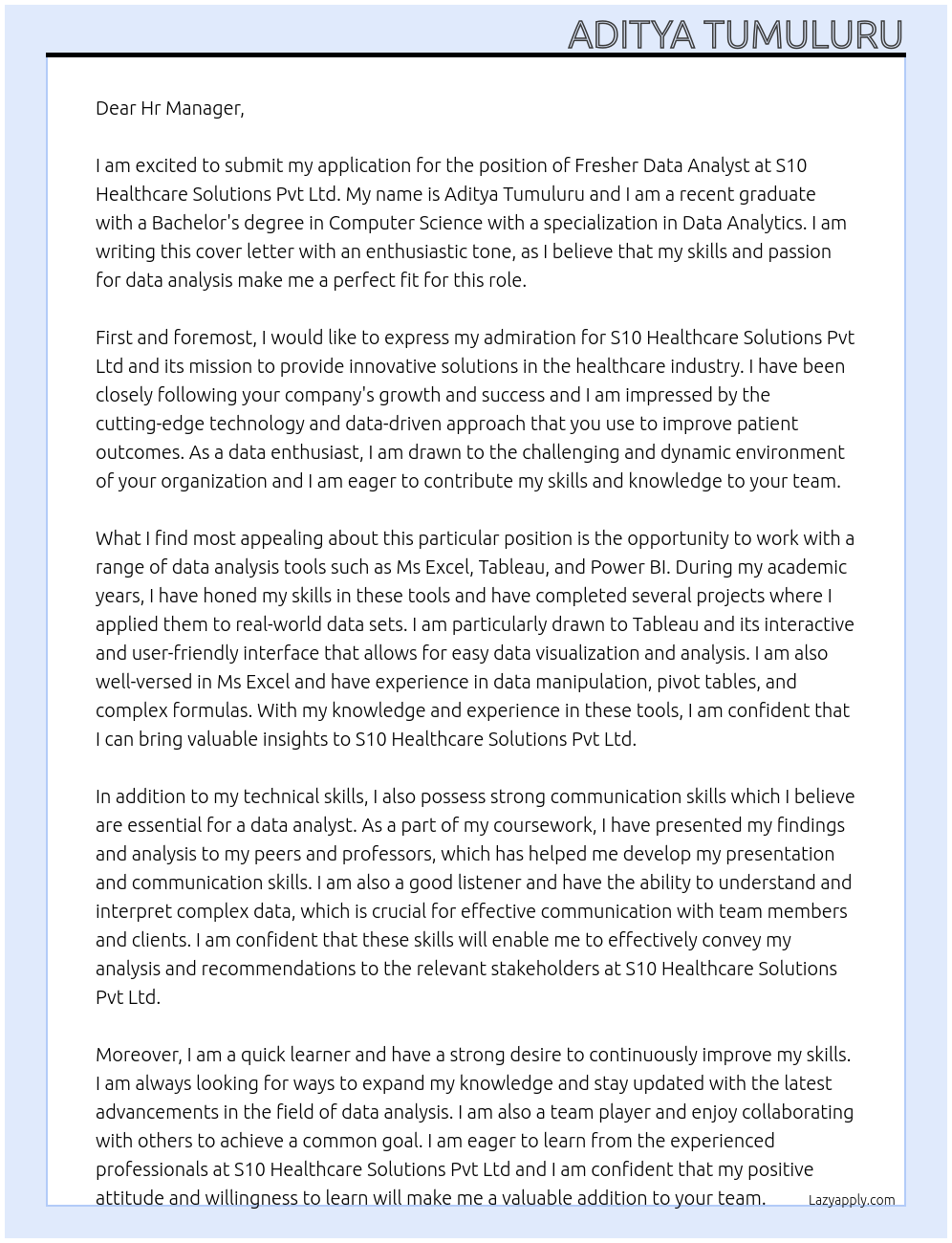 Fresher Data Analyst  At S10 Healthcare Solutions Pvt Ltd  Cover Letter