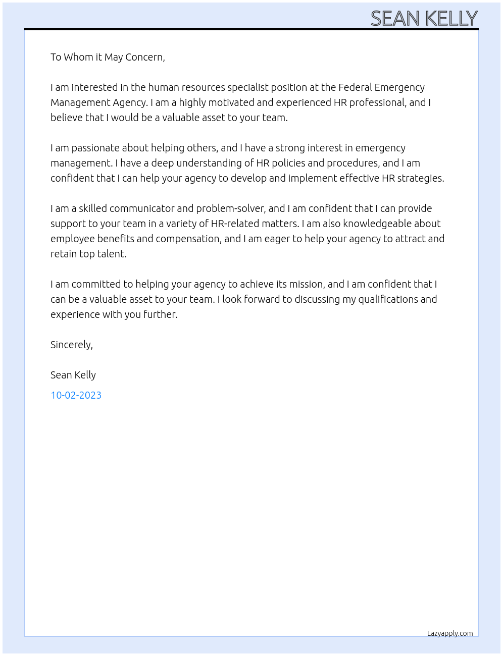 Human Resources Specialist At Federal Emergency Management Agency Cover Letter