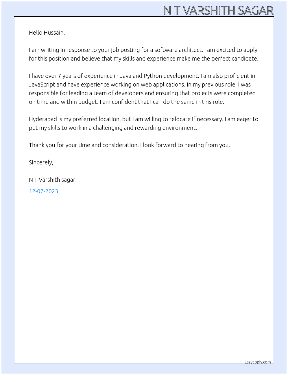 Software architect At Accenture Cover Letter