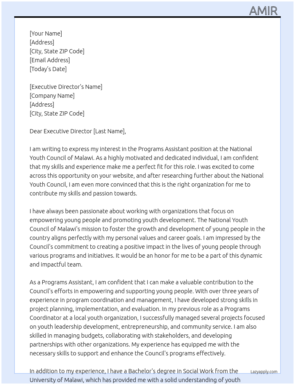 Programs assistant At National youth council of Malawi  Cover Letter