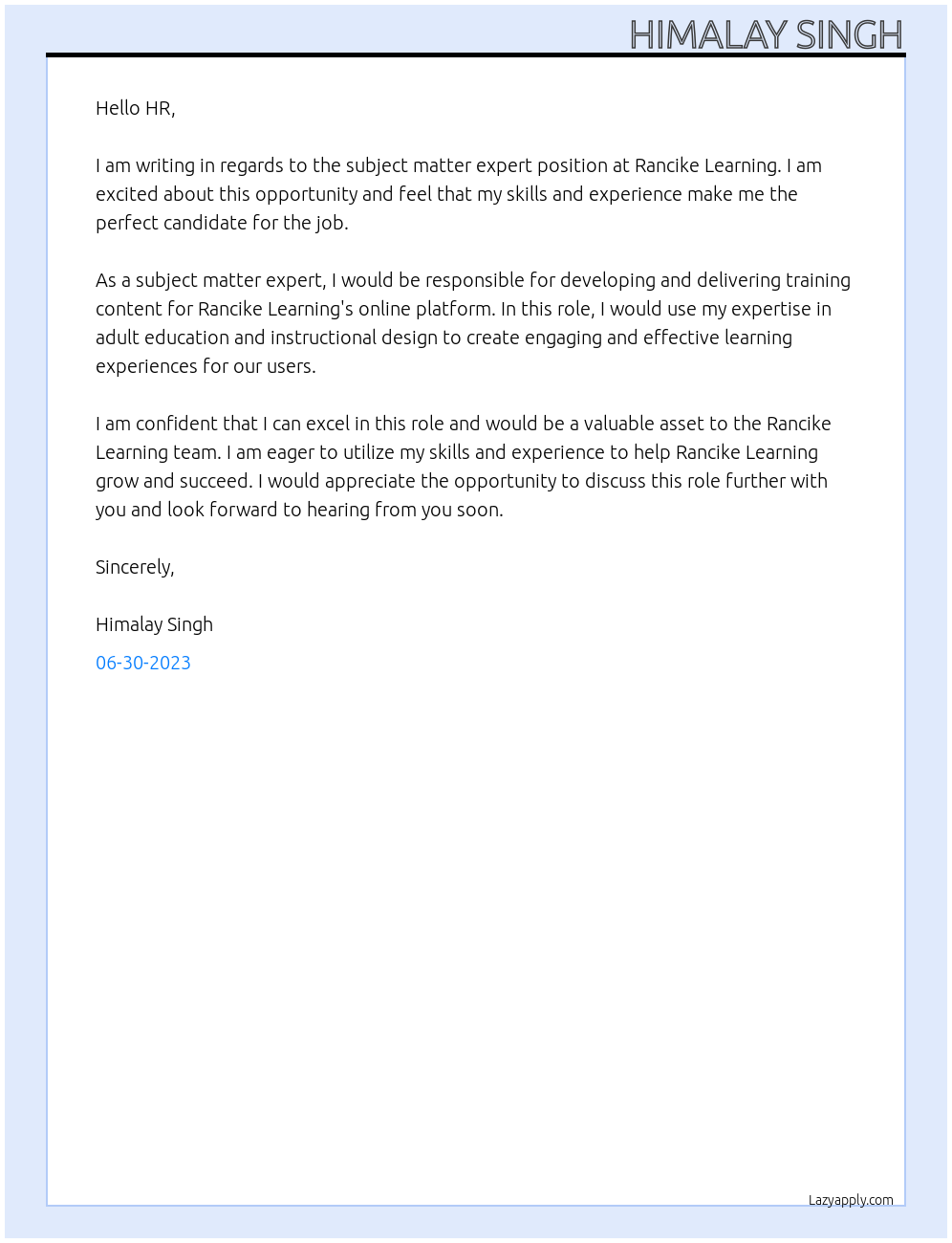 Subject matter expert At Rancike Learning Cover Letter