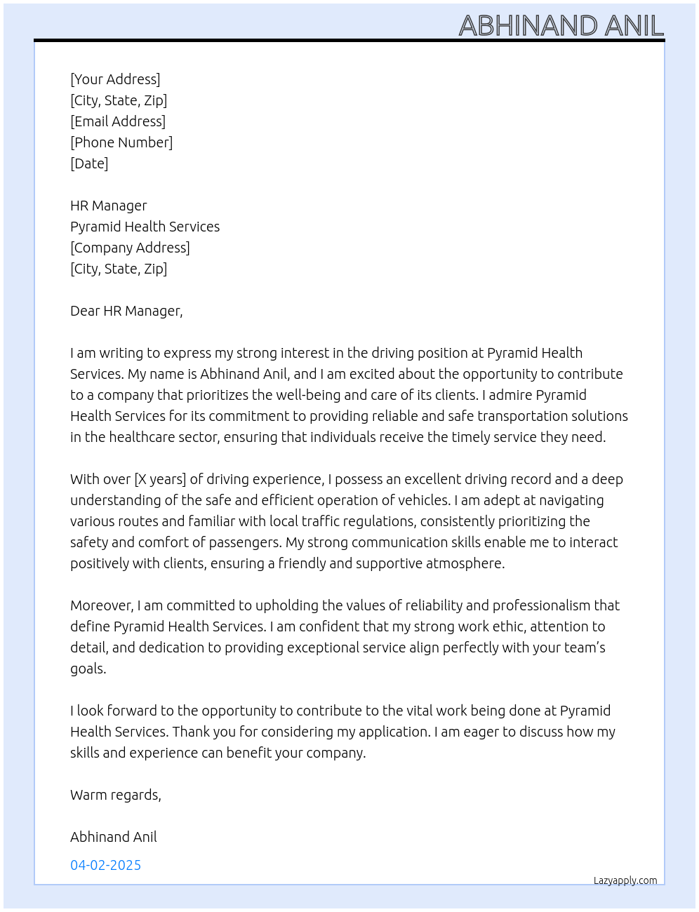 Driving At Pyramid health services Cover Letter