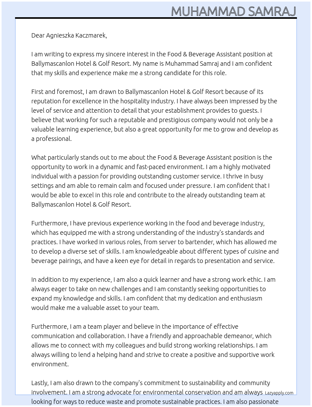 Food & Beverage Assistant At Ballymascanlon Hotel & Golf Resort Cover Letter