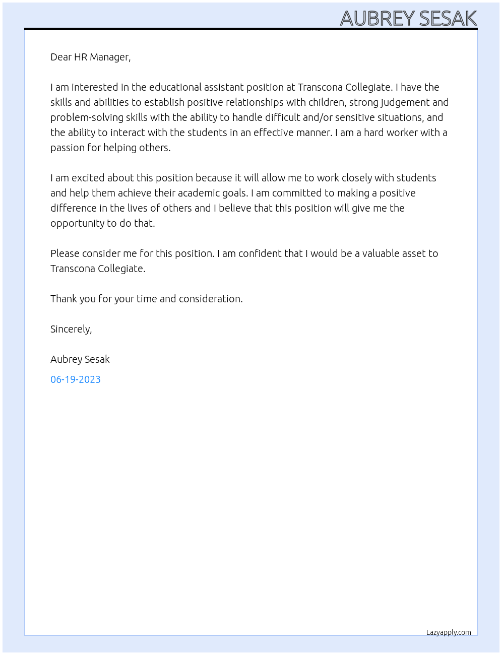 Educational Assistant At Transcona Collegiate Cover Letter