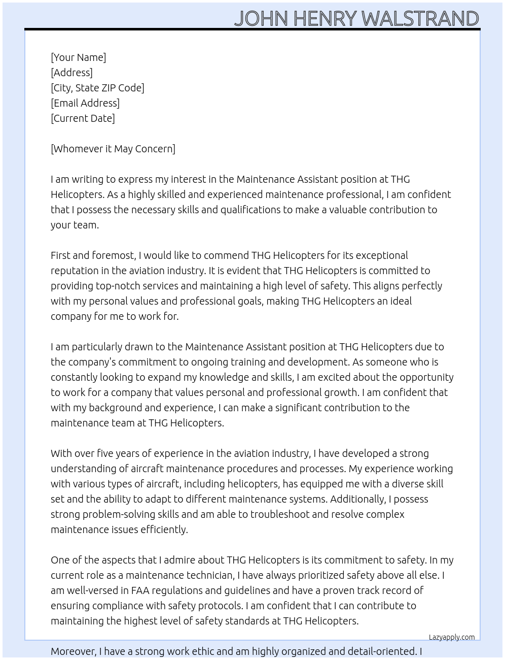 Maintenance assistant At THG Helicopters Cover Letter