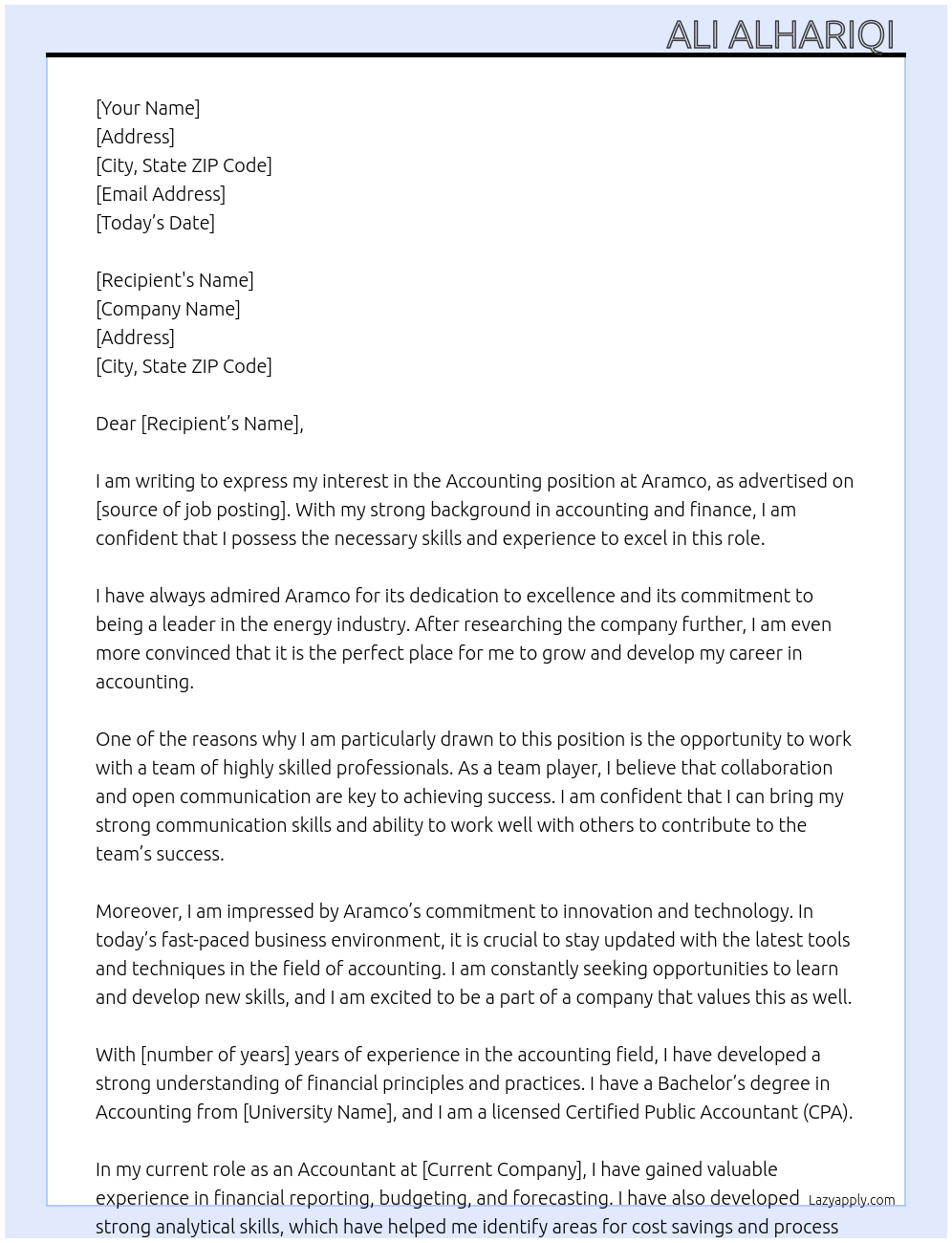 Accounting At Aramco Cover Letter