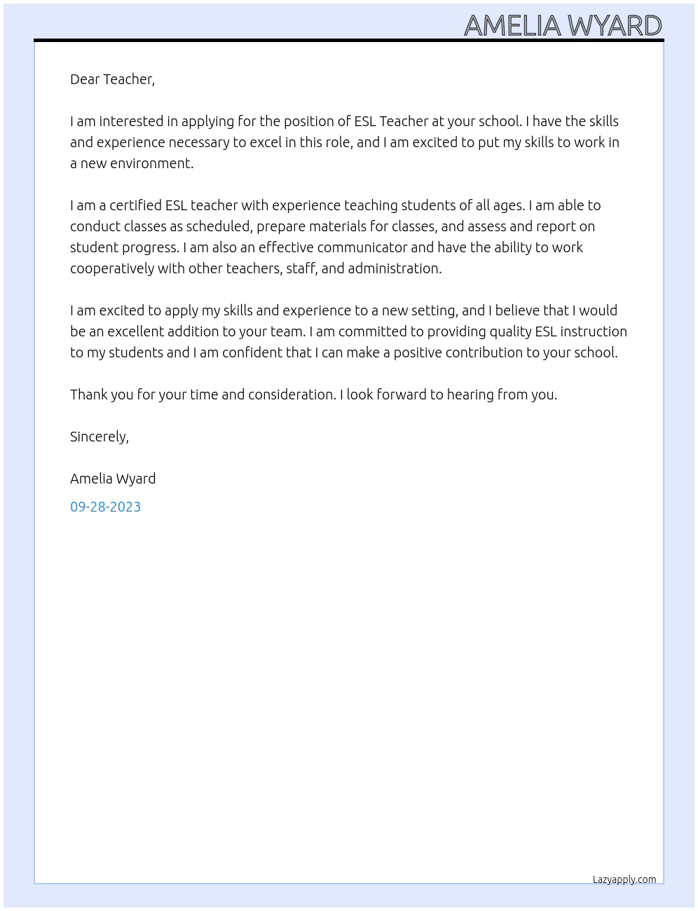 esl teacher At teacher Cover Letter