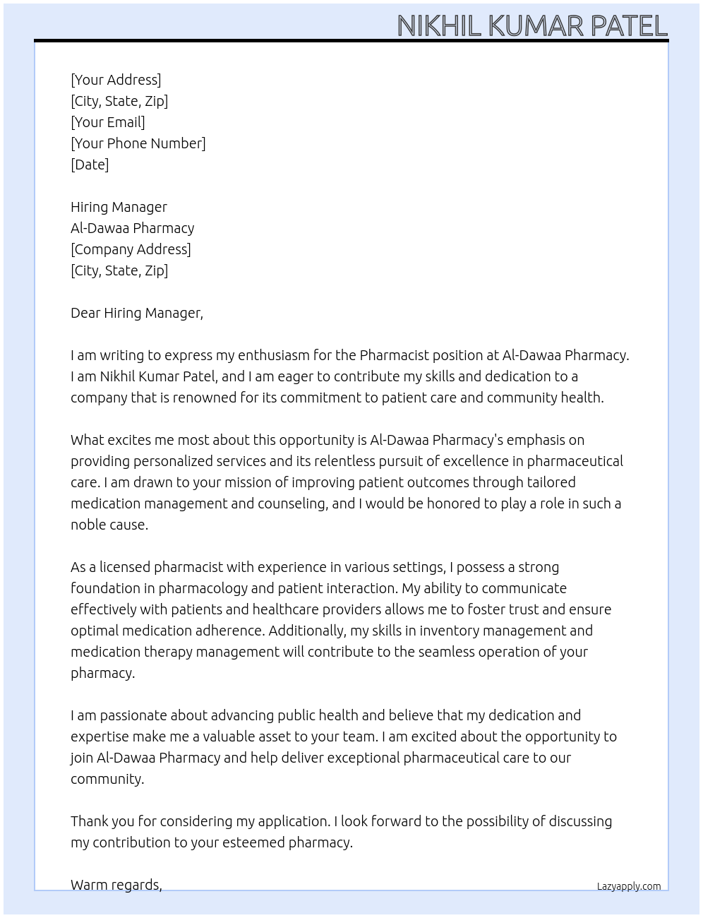 Pharmacist At Al-Dawaa Pharmacy Cover Letter