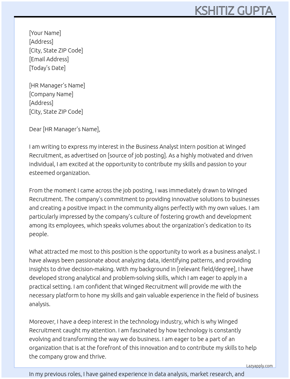 Business analyst intern At Winged Recruitment Cover Letter