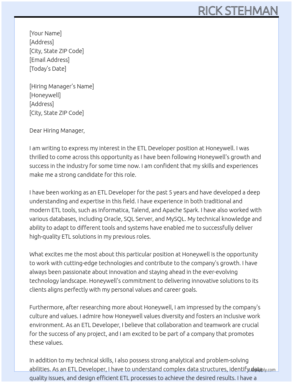 ETL Developer At Honeywell Cover Letter