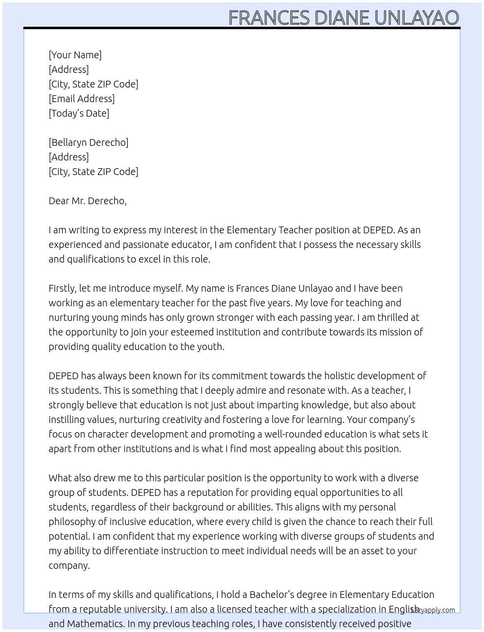 Elementary Teacher At DEPED Cover Letter