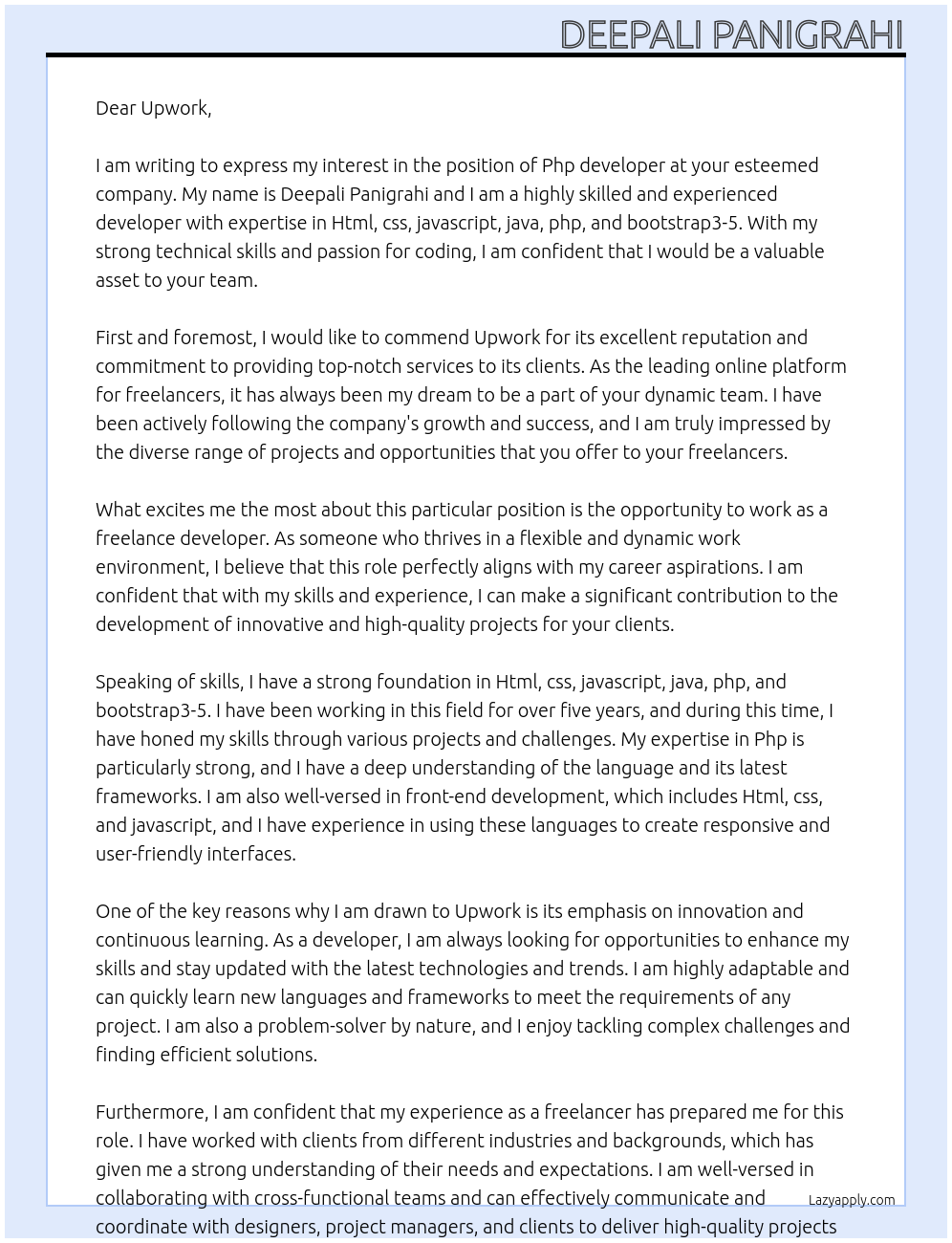 Php developer At Upwork Cover Letter